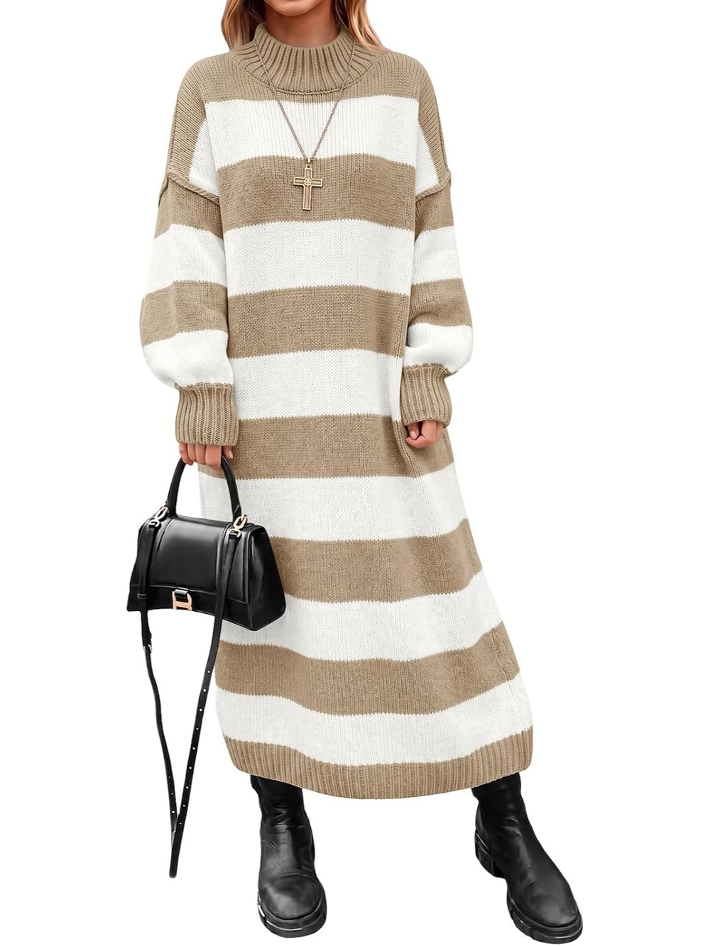 🆕 Women's Beige Striped Knit Sweater Maxi Dress Mock Neck Fall Winter Top
